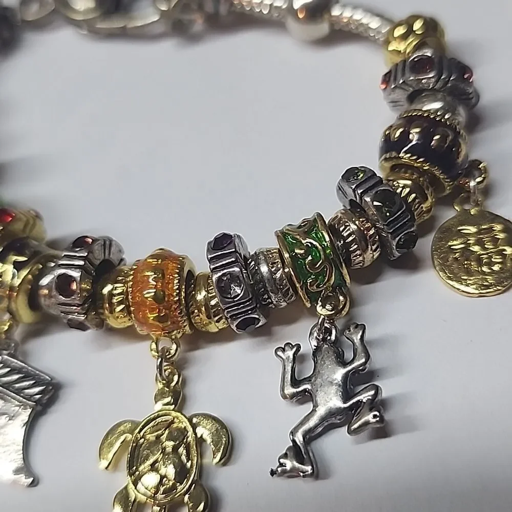 European Style Charm Bracelet Full of Charms Two Stopper Beads Turtle Frog